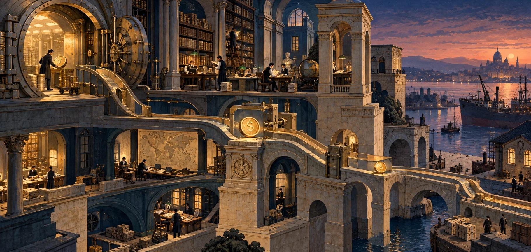 An imagined bank archive with illuminated dollar tokens travelling through channels to a harbour.